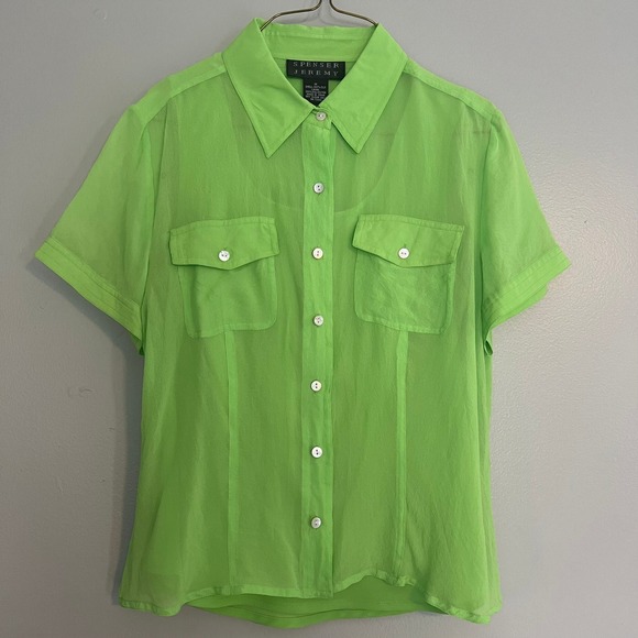 Spenser Jeremy Tops - Spenser Jeremy Lime Green 100% Silk Short Sleeve Button Up Blouse & Tank Set M‎